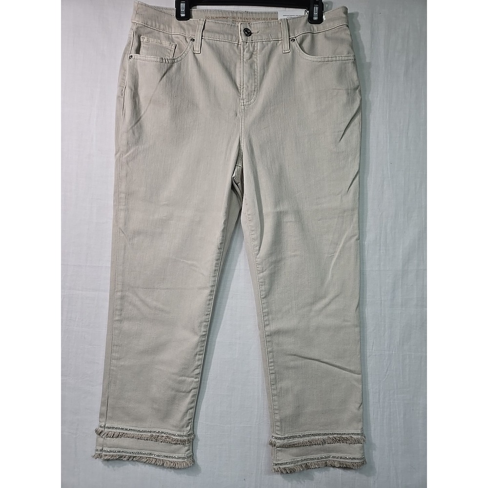 NWT Chicos So Slimming Girlfriend Slim Leg Crop Taupe Women's 2 (12) Fringe Trim